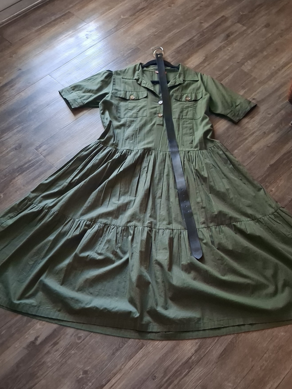 DOLCE MELA Olive Green Tiered Shirt Dress with Belt